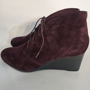 Clarks Burgundy Suede Wedge Boots